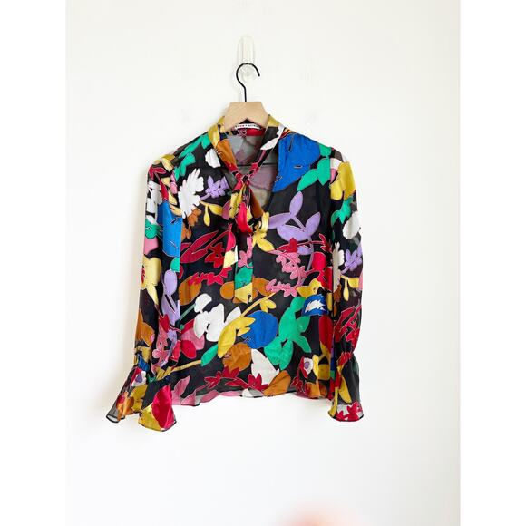 Alice + Olivia Mora Sheer Tie Neck Silk Blouse XS Black Multi-Color - Picture 1 of 7